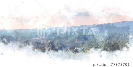 Abstract colorful shape on mountain peak and tree landscape on watercolor illustration painting background. Abstract colorful shape on mountain peak and tree landscape on watercolor illustration painting background. 77378701