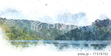 Abstract colorful shape on mountain peak and tree landscape on watercolor illustration painting background. Abstract colorful shape on mountain peak and tree landscape on watercolor illustration painting background. 77378702