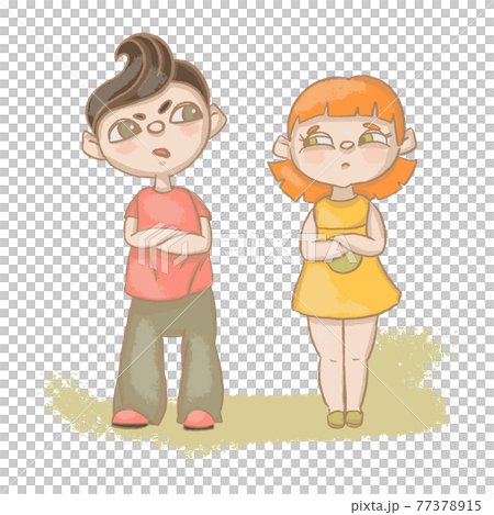 DISGRUNTLE Boy And Girl Quarrel Cartoon Grunge Style Hand Drawn Vector Illustration Set For Print 77378915
