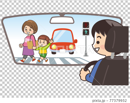車内から横断歩道を渡る親子を確認する男性　交通安全 77379932