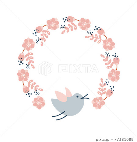Vector colorful circular floral wreaths with summer flowers and bird central white copy space for your text. Vector hand drawn wreath with flowers. Save the date. Wedding invitation scandinavian 77381089