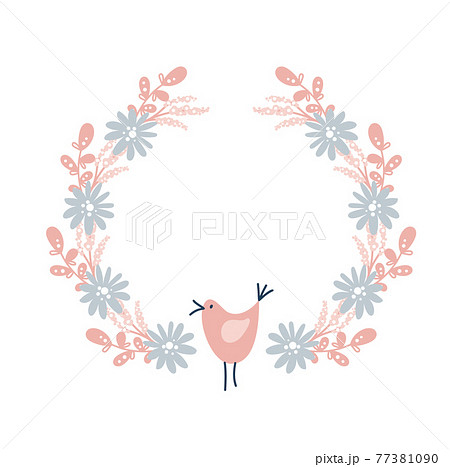 Vector colorful circular floral wreaths with summer flowers and bird central white copy space for your text. Vector hand drawn wreath with flowers. Save the date. Wedding invitation scandinavian 77381090