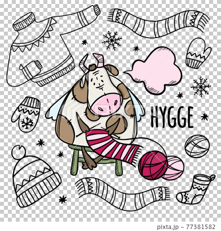 COW KNITS WARM WINTER CLOTHES New Year Merry Christmas Cartoon Holiday Bull Hand Drawn Hygge Monochrome Clip Art Vector Illustration Set For Print COW KNITS WARM WINTER CLOTHES New Year Merry Christmas Cartoon Holiday Bull Hand Drawn Hygge Monochrome Clip Art Vector Illustration Set For Print 77381582