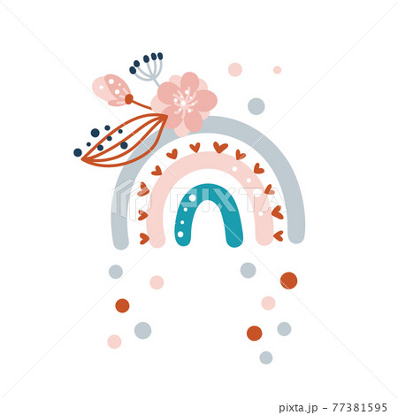 Vector rainbow with clouds and rain dots in cartoon scandinavian style summer flower isolated on white background for kids. Cute illustration in hand drawn prints, fabric, children books, interior 77381595