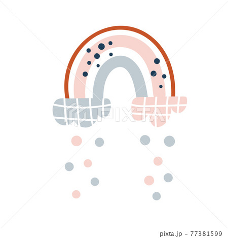 Vector rainbow with clouds and rain dots in cartoon scandinavian style isolated on white background for kids. Cute illustration in hand drawn prints, fabric, children books, interior design 77381599