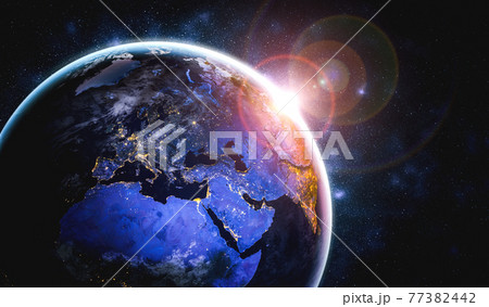 Planet earth globe view from space showing realistic earth surface and world map 77382442