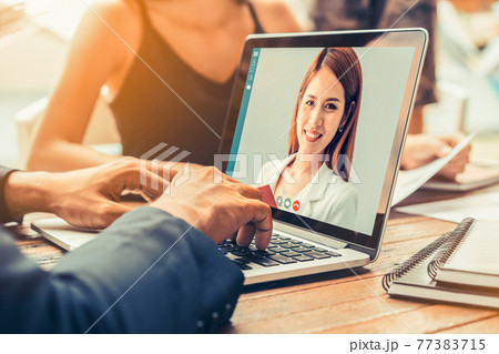 Video call group business people meeting on virtual workplace or remote office Video call group business people meeting on virtual workplace or remote office 77383715