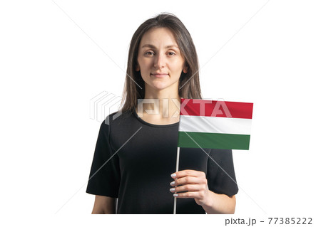 Happy young white girl holding Hungary flag isolated on a white background 77385222