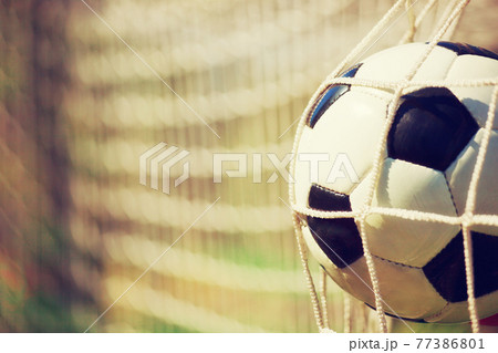 Soccer ball in the net of a goal. Soccer concept 77386801