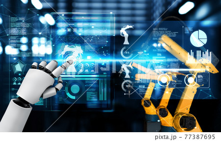 Mechanized industry robot and robotic arms for assembly in factory production . 77387695