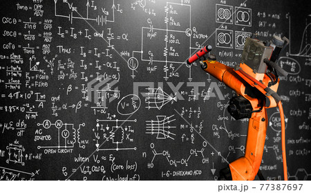 Robot arm AI analyzing mathematics for mechanized industry problem solving 77387697