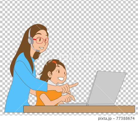 子供にオンライン学習を指導する女性教師 子供にオンライン学習を指導する女性教師 77388674