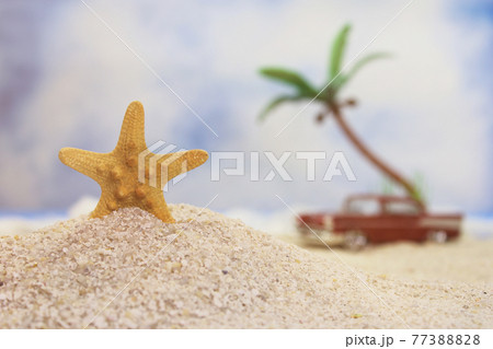 Seashell on Tropical Beach With Vintage Hot Rod 77388828