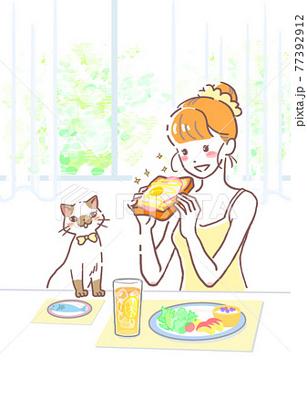 背景付きの朝食を食べる女の子のイラスト素材