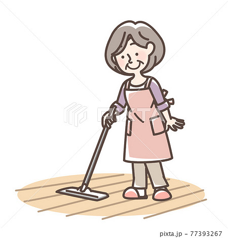 フローリングワイパーを使うおばあさんのイラスト素材