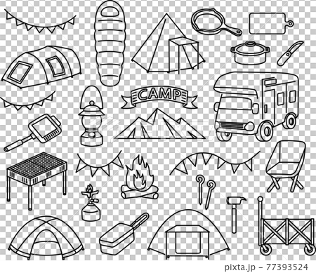 Illustration summary of camping equipment, outdoor equipment (line drawing) 77393524