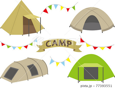 キャンプ道具 形が違うテントとcampの旗 ガーランドのイラスト素材