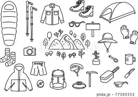 シンプルなタッチ 登山で使う道具まとめ 線画 のイラスト素材