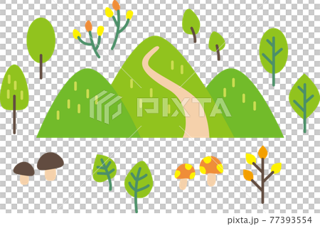 シンプルで可愛い山と植物ときのこのイラスト素材