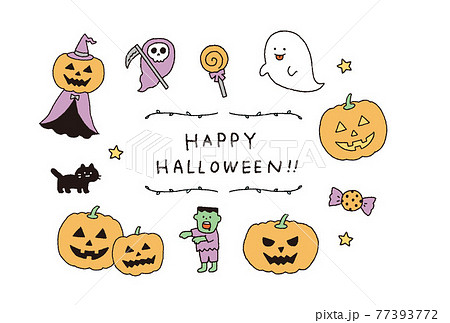 ハロウィンモチーフのかわいいイラストレーションセットのイラスト素材