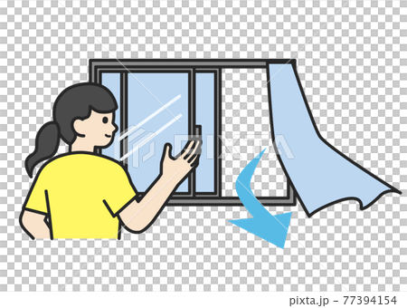 Illustration material of a woman opening a window to ventilate a room 77394154