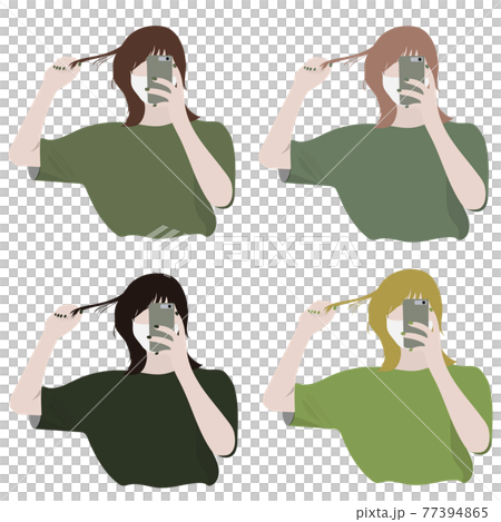 髪を触りながら自撮りをするマスクの女性ー髪色編 4 のイラスト素材