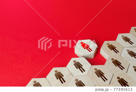 A man leaves a formation of people figurines hexagons. Violation of the integrity of the system, non-conformist. Integration of a person into society. Staff recruitment, recruiting. Exception from A man leaves a formation of people figurines hexagons. Violation of the integrity of the system, non-conformist. Integration of a person into society. Staff recruitment, recruiting. Exception from 77395613