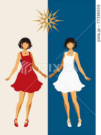 夏服ワンピースの女性シルエットが対になっているポスターのイラスト素材