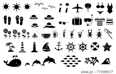 夏の海や、夏休みをイメージしたシルエット ベクター画像セット 77399077