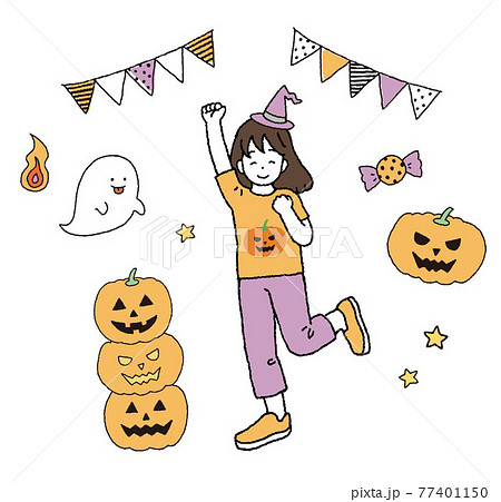 ハロウィンパーティーで楽しそうな女の子のイラストレーションのイラスト素材