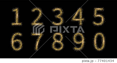 Golden glitter numbers set on black background. Birthday, jubilee or wedding anniversary date template vector illustration. Invitation to celebrate. Shiny number elements Golden glitter numbers set on black background. Birthday, jubilee or wedding anniversary date template vector illustration. Invitation to celebrate. Shiny number elements 77401434