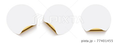 White glued round stickers with golden back side curling set. 3d circular shaped blank paper labels vector illustration. Badges with shining peel effect 77401455