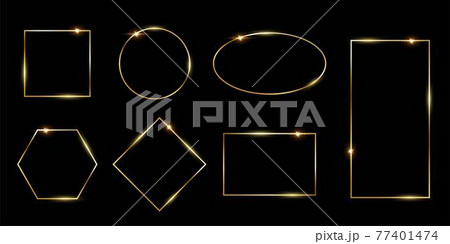 Rectangular and round golden photo or picture frames in different proportions and sizes isolated on black background. Vector luxury borders set. Square, rectangle, oval, rhombus, hexagon and circle 77401474