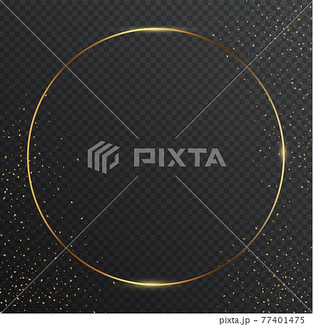 Thin round golden geometric border and confetti on dark transparent background. Glossy circle banner with copyspace. Vector elegant colorful wallpaper design 77401475