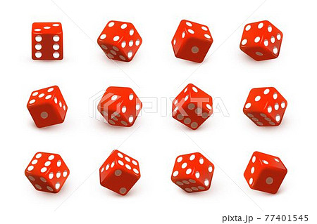 Red dice cubes for gambling set. Casino craps and playing games vector illustration. Poker cubes rolling and throwing, random numbers with dots isolated on white background 77401545