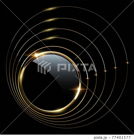 Golden round metal circle rings. Shining transparent abstract background. Yellow shiny circular lines. Modern futuristic graphic vector illustration. Flares glowing decoration 77401577
