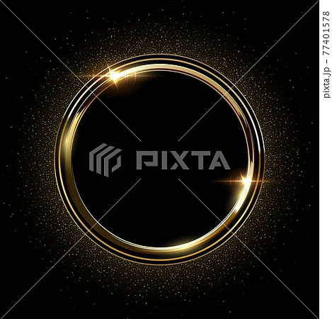 Golden round metal circle rings with sparkles background. Shining abstract frame. Yellow shiny circular lines. Modern futuristic graphic vector illustration. Flares glowing effect 77401578