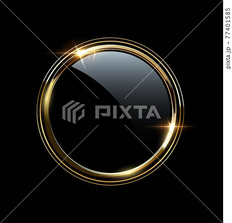 Golden round metal rings around glass circle. Shining abstract triple frame. Yellow shiny circular lines. Modern futuristic graphic vector illustration. Flares glowing effect 77401585