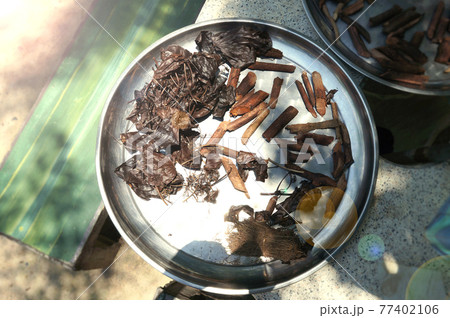 Varieties of thai traditional medicine. Dried by solar daylight on a stainless steel plate 77402106