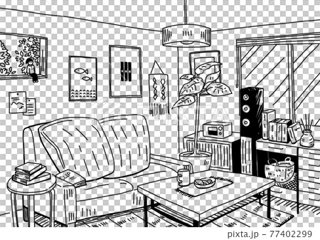 インテリアにこだわったナチュラルテイストな部屋を線でシンプルに描いた背景画 77402299