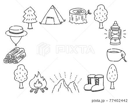 イラスト素材 枠 フレーム アウトドア キャンプの手描きのイラストのイラスト素材
