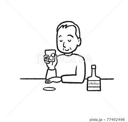 ウィスキーを飲むシニア男性の線画イラストのイラスト素材