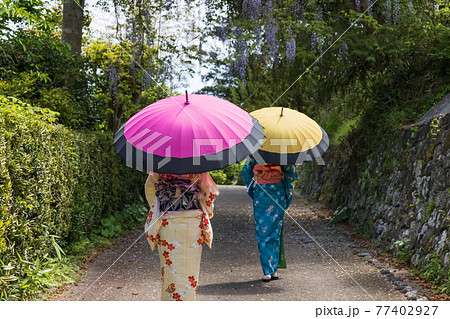 女子旅で着物姿で観光する若い女性と友達 【杵築市】 女子旅で着物姿で観光する若い女性と友達 【杵築市】 77402927