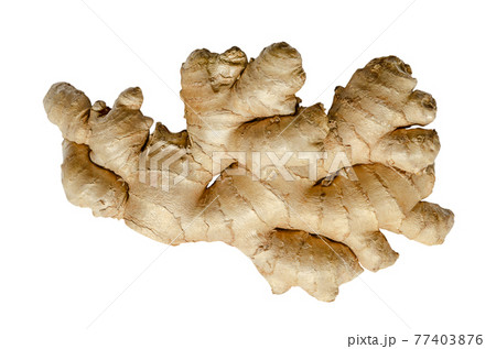 Fresh ginger root, from above, isolated on white background. Juicy and fleshy rhizome of Zingiber officinale, used as fragrant kitchen spice and as folk medicine. Close-up, top view, macro food photo. Fresh ginger root, from above, isolated on white background. Juicy and fleshy rhizome of Zingiber officinale, used as fragrant kitchen spice and as folk medicine. Close-up, top view, macro food photo. 77403876