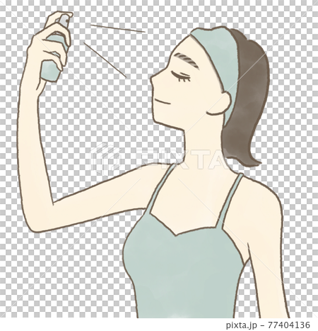 Hand-drawn illustration of a woman spraying a lotion spray on her face 77404136