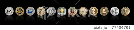 Cryptocurrency Bitcoin BTC with ETH Ethereum, Cardano, Ripple, Litecoin, MIOTA, Zcash, Monero, GASH, defi altcoins, decentralized financial currency isolated with clipping path on black background Cryptocurrency Bitcoin BTC with ETH Ethereum, Cardano, Ripple, Litecoin, MIOTA, Zcash, Monero, GASH, defi altcoins, decentralized financial currency isolated with clipping path on black background 77404701