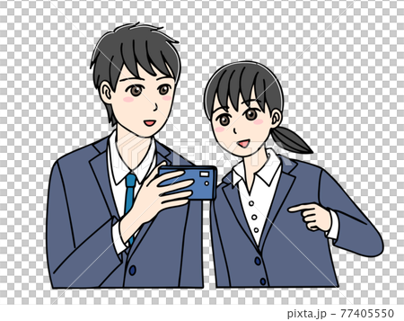 Young men and women in suits looking at smartphones together 77405550