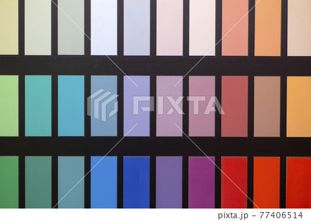 Paint color swatches in the background interior design studio. Selection Various colors and shades of paint for interior design and decoration works Paint color swatches in the background interior design studio. Selection Various colors and shades of paint for interior design and decoration works 77406514