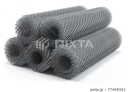 Coils of steel wire. Rabitz mesh netting rolls isolated on white. 77406561