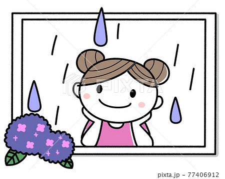 あじさいが咲いている窓際から雨をながめる女の子のイラスト素材